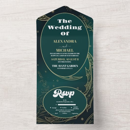 Emerald Groen Goud Hemelse Bruiloft All In One Uitnodiging (Binnen)