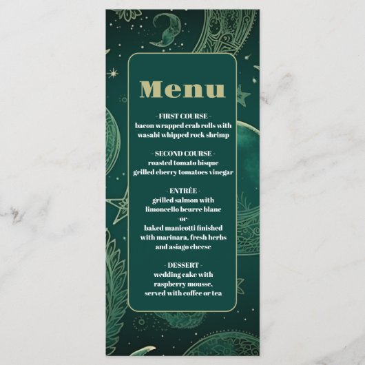 Emerald Groen Goud Hemelse Bruiloft Menu (Voorkant)