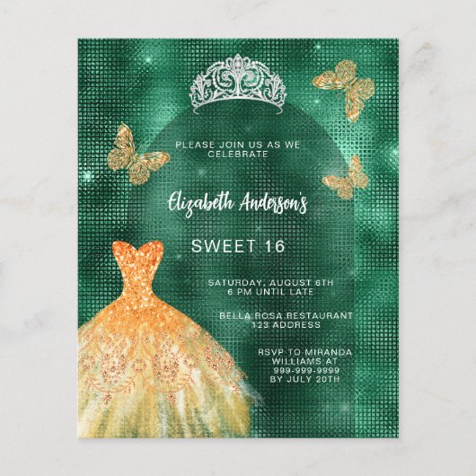 Emerald groen goud jurk tiara Sweet 16 uitnodiging (Voorkant)