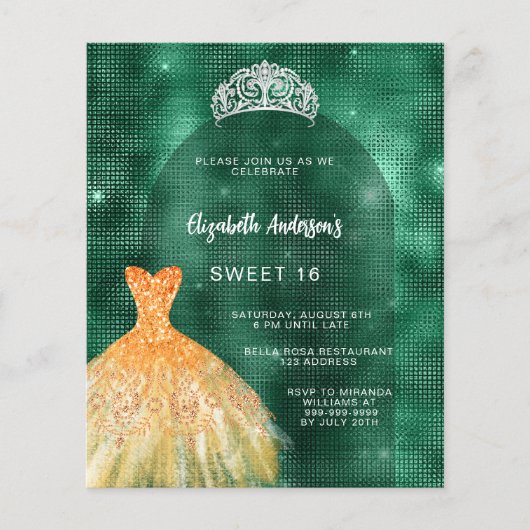 Emerald groen goud jurk tiara Sweet 16 uitnodiging (Voorkant)