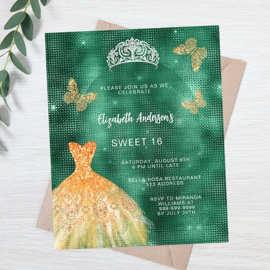 Emerald groen goud jurk tiara Sweet 16 uitnodiging