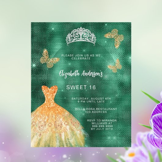 Emerald groen goud jurk tiara Sweet 16 uitnodiging