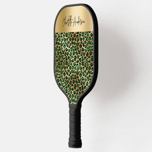Emerald groen goud luipaard patroon naam script pickleball paddle (Links)