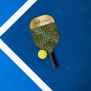 Emerald groen goud luipaard patroon naam script pickleball paddle