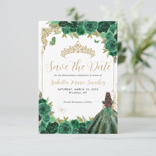 Emerald Groen Goud Prinses Quinceañera Verjaardag Save The Date (Staand voorkant)
