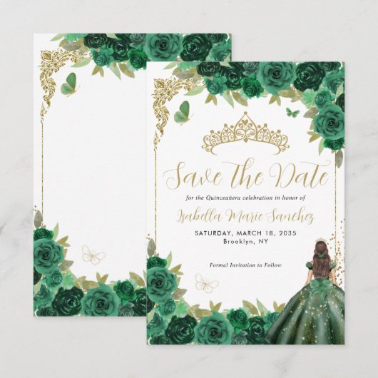 Emerald Groen Goud Prinses Quinceañera Verjaardag Save The Date (Voorkant / Achterkant)
