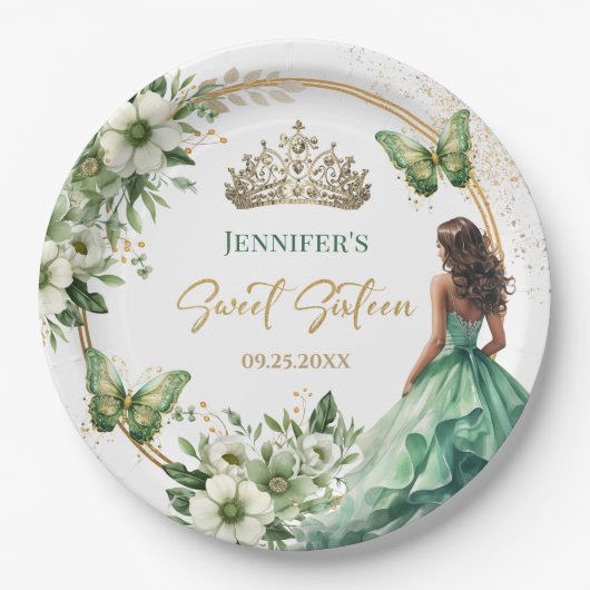 Emerald Groen Meisje Prinses Tiara Bloemen Zoet 16 Papieren Bordje (Voorkant)