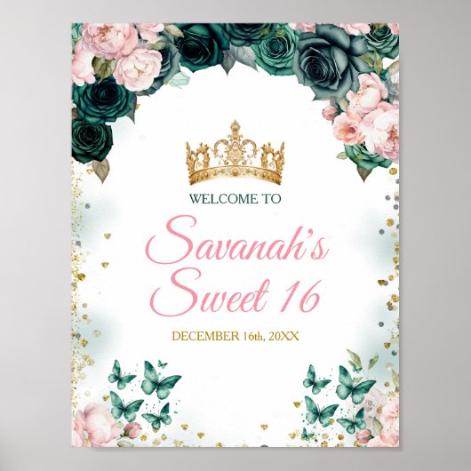 Emerald Groen Quinceañera Kroon Roze Welkomstbord Poster (Voorkant)