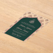 Emerald Groen Roos Goud Damask Arch Moslim Bruilof Acryl Uitnodigingen (Laagn)