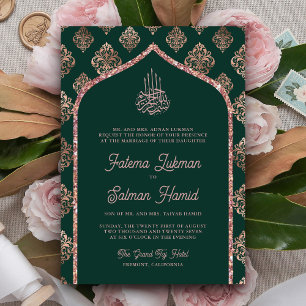 Emerald Groen Roos Goud Damask Arch Moslim Bruilof Kaart