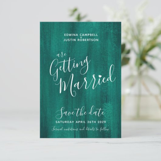 Emerald groene moderne kunst save the date kaarten (Staand voorkant)