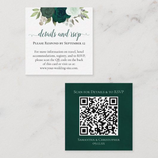 Emerald Groene Rozen Trouwdetails & RSVP QR Code Informatiekaartje (Voorkant / Achterkant)