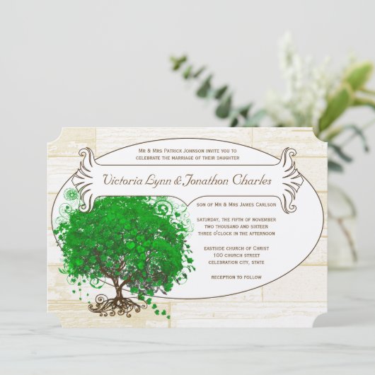 Emerald Heart Leaf Tree Barn Wood Weddenschap Kaart (Staand voorkant)