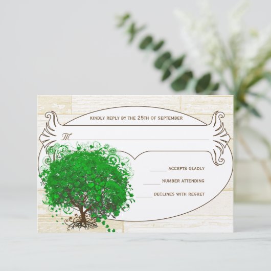 Emerald Heart Leaf Tree Barn Wood Wedding RSVP (Staand voorkant)