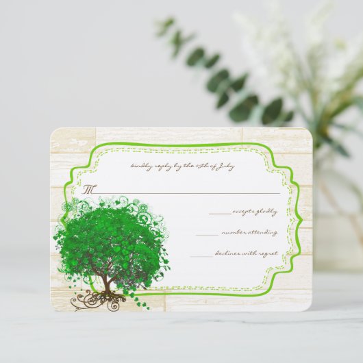 Emerald Heart Leaf Tree Barn Wood Wedding RSVP (Staand voorkant)