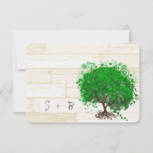 Emerald Heart Leaf Tree Barn Wood Wedding RSVP (Achterkant)