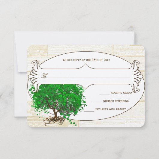Emerald Heart Leaf Tree Barn Wood Wedding RSVP (Voorkant)