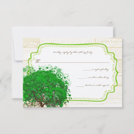 Emerald Heart Leaf Tree Barn Wood Wedding RSVP Kaartje (Voorkant)