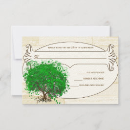 Emerald Heart Leaf Tree Barn Wood Wedding RSVP Kaartje