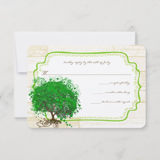 Emerald Heart Leaf Tree Barn Wood Wedding RSVP Kaartje (Voorkant)