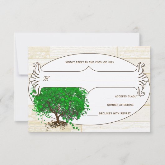 Emerald Heart Leaf Tree Barn Wood Wedding RSVP Kaartje (Voorkant)