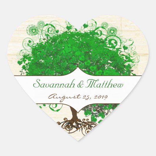 Emerald Heart Leaf Tree Barn Wood Wedding Seal Hart Sticker (Voorkant)