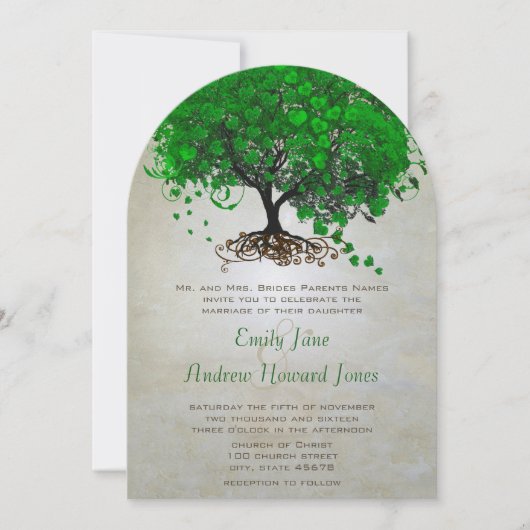 Emerald Heart Leaf Tree Wedding Invites Kaart (Voorkant)