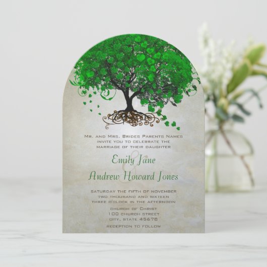Emerald Heart Leaf Tree Wedding Invites Kaart (Staand voorkant)