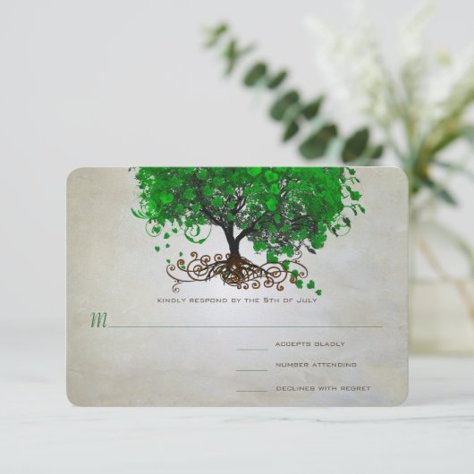 Emerald Heart Leaf Tree Wedding Invites RSVP Kaartje (Staand voorkant)