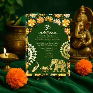 Emerald Hindu Pauw Lotus Wedding Gold Script Folie Uitnodiging