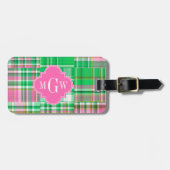 Emerald Hot Pink Preppy Patchwork Madras Monogram Bagagelabel (Voorkant horizontaal)