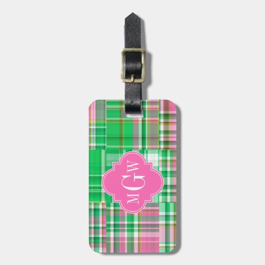 Emerald Hot Pink Preppy Patchwork Madras Monogram Bagagelabel (Voorkant verticaal)