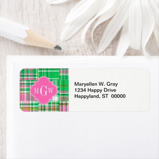 Emerald Hot Pink Preppy Patchwork Madras Monogram Etiket (Insitu)