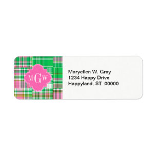 Emerald Hot Pink Preppy Patchwork Madras Monogram Etiket