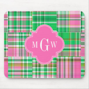 Emerald Hot Pink Preppy Patchwork Madras Monogram Muismat