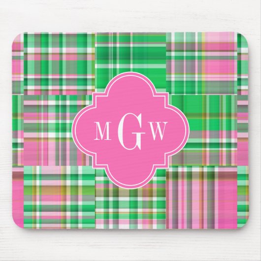 Emerald Hot Pink Preppy Patchwork Madras Monogram Muismat (Voorkant)