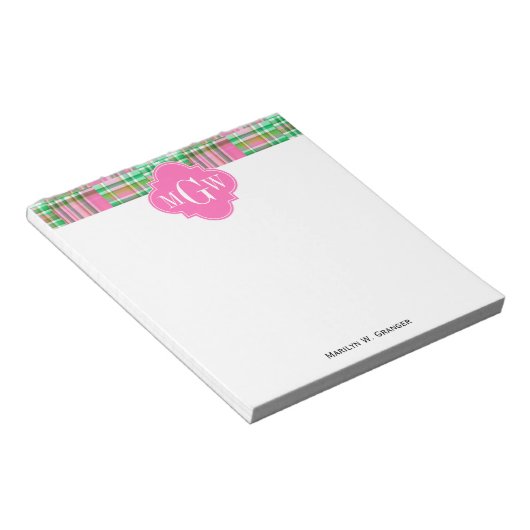 Emerald Hot Pink Preppy Patchwork Madras Monogram Notitieblok (Schuin)