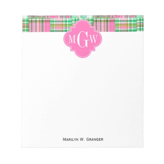 Emerald Hot Pink Preppy Patchwork Madras Monogram Notitieblok (Voorkant)