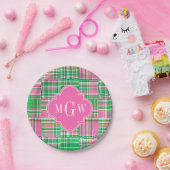 Emerald Hot Pink Preppy Patchwork Madras Monogram Papieren Bordje (Feest)