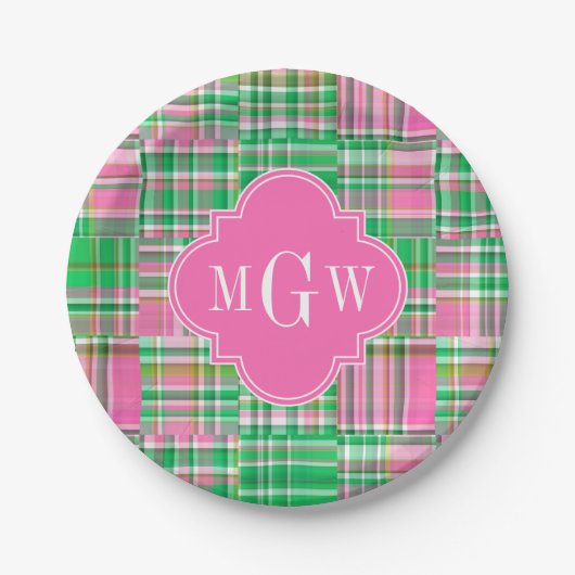 Emerald Hot Pink Preppy Patchwork Madras Monogram Papieren Bordje (Voorkant)