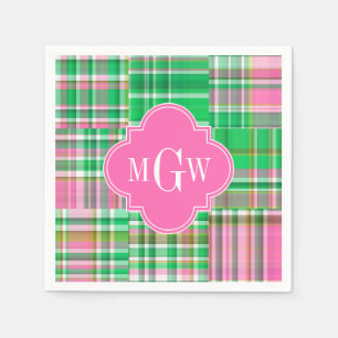 Emerald Hot Pink Preppy Patchwork Madras Monogram Servetten