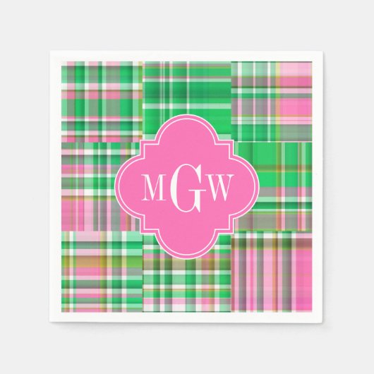 Emerald Hot Pink Preppy Patchwork Madras Monogram Servetten (Voorkant)