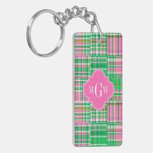 Emerald Hot Pink Preppy Patchwork Madras Monogram Sleutelhanger (Voorkant Links)