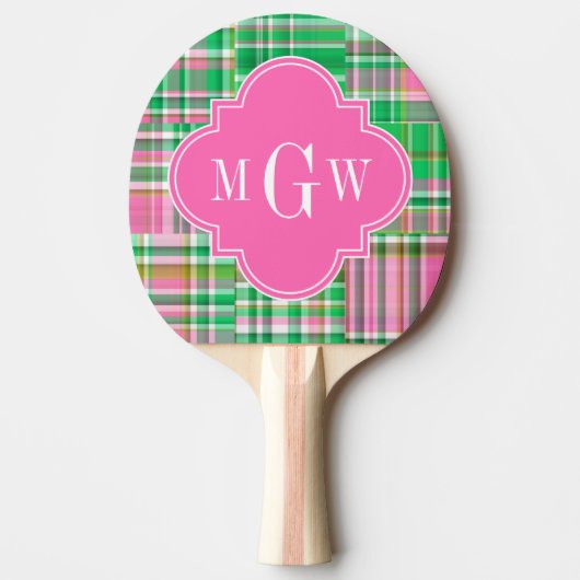 Emerald Hot Pink Preppy Patchwork Madras Monogram Tafeltennisbatje (Voorkant)
