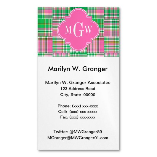 Emerald Hot Pink Preppy Patchwork Madras Monogram Visitekaartje Magneet (Voorkant Verticaal)