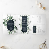 Emerald Hues Botanical Greenery met marineverbindi Drieluik Uitnodiging (Binnen)