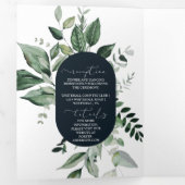 Emerald Hues Botanical Greenery met marineverbindi Drieluik Uitnodiging (Binnenzijde eerst)