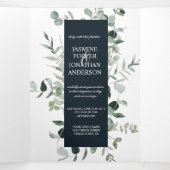 Emerald Hues Botanical Greenery met marineverbindi Drieluik Uitnodiging (Binnenkant midden)