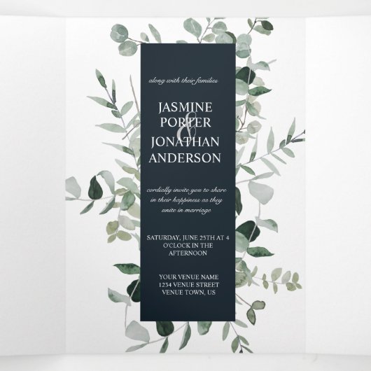 Emerald Hues Botanical Greenery met marineverbindi Drieluik Uitnodiging (Binnenkant midden)