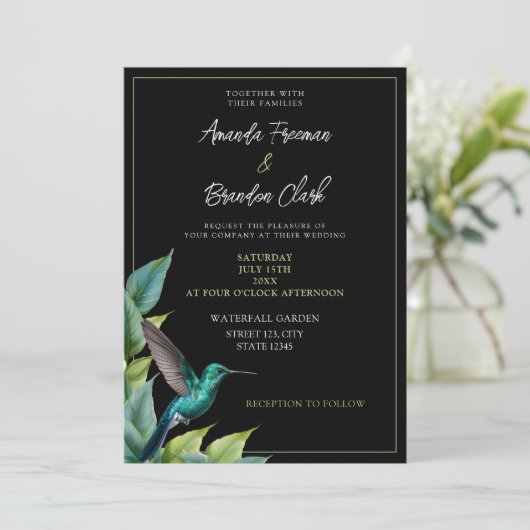 Emerald Hummingbird Tropische bladeren bruiloft Kaart (Staand voorkant)